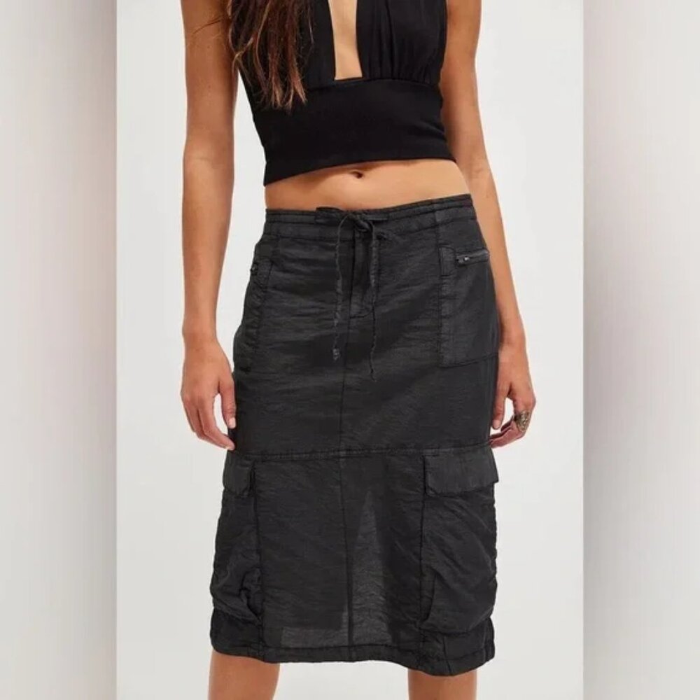 Free People Evie Cargo Column Midi Skirt | Size 6 | Black Grey | NWOT